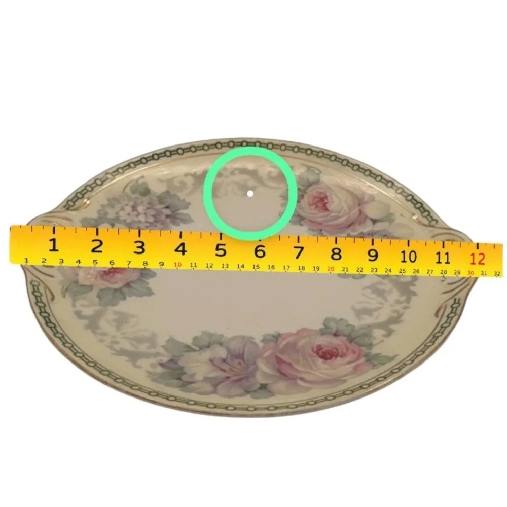 Antique German (K&L) Porcelain Handled Serving Platter Pink Roses Gold c.1910